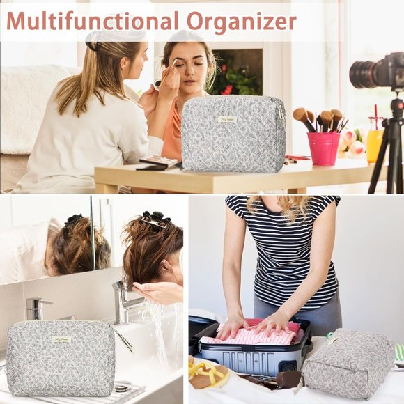 Women Kawaii Floral Cosmetic Large Travel Toiletry Cosmetic Pouch Creamy Green - Picture 5 of 7